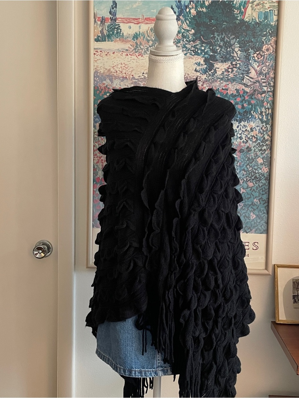 Max Sport Poncho Black Textured Ruffle Knit Fringe Witchy Grunge Whimsigoth NWT